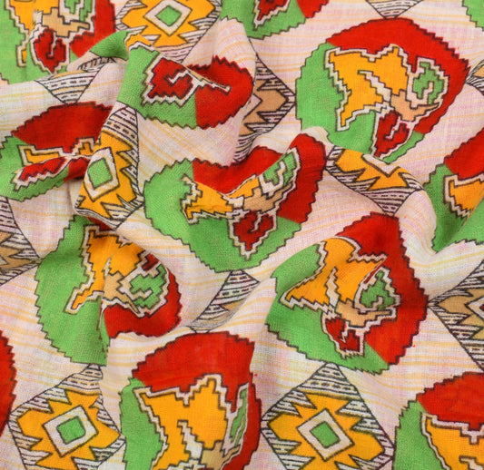 Sushila Vintage White Saree 100% Pure Cotton Printed Geometric Soft Craft Fabric