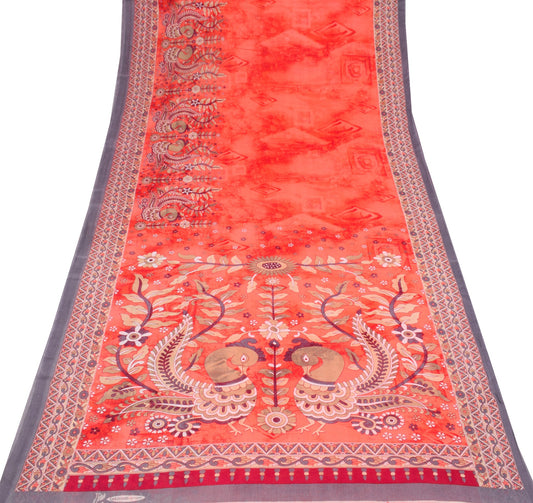 Sushila Vintage Dark Peach Saree Pure Cotton Printed Peacock Soft Craft Fabric