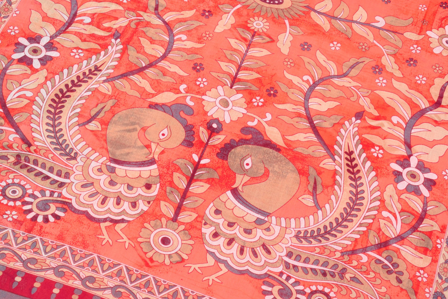 Sushila Vintage Dark Peach Saree Pure Cotton Printed Peacock Soft Craft Fabric