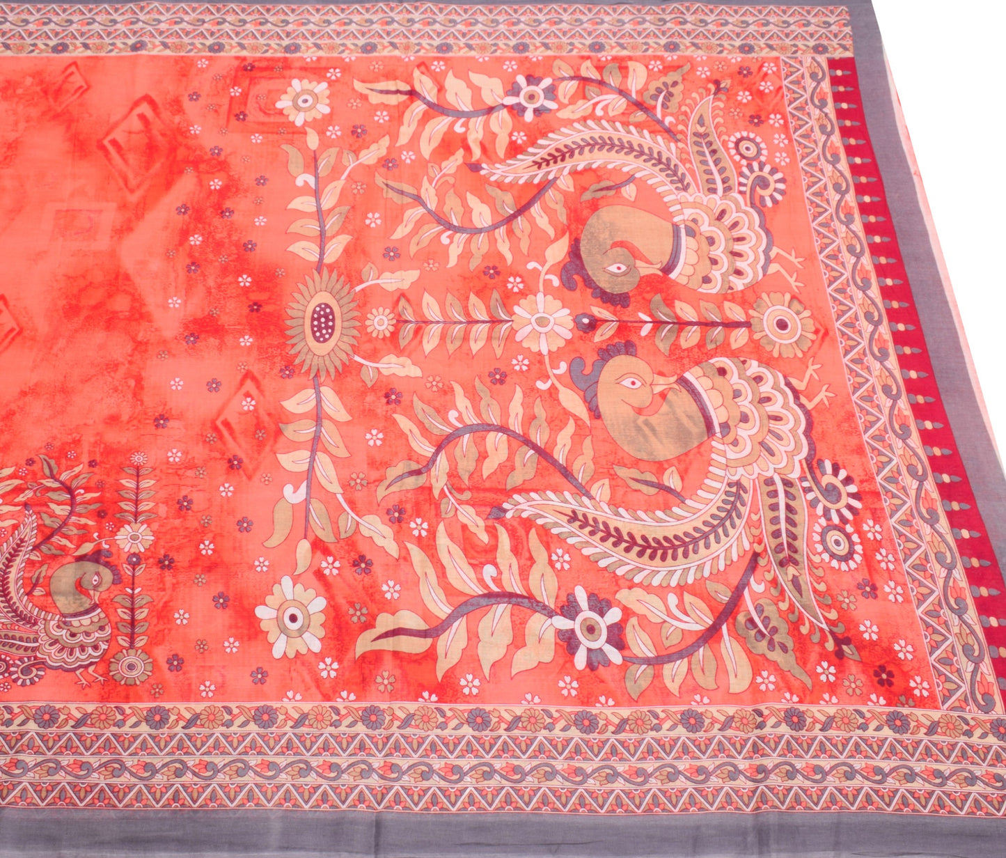 Sushila Vintage Dark Peach Saree Pure Cotton Printed Peacock Soft Craft Fabric