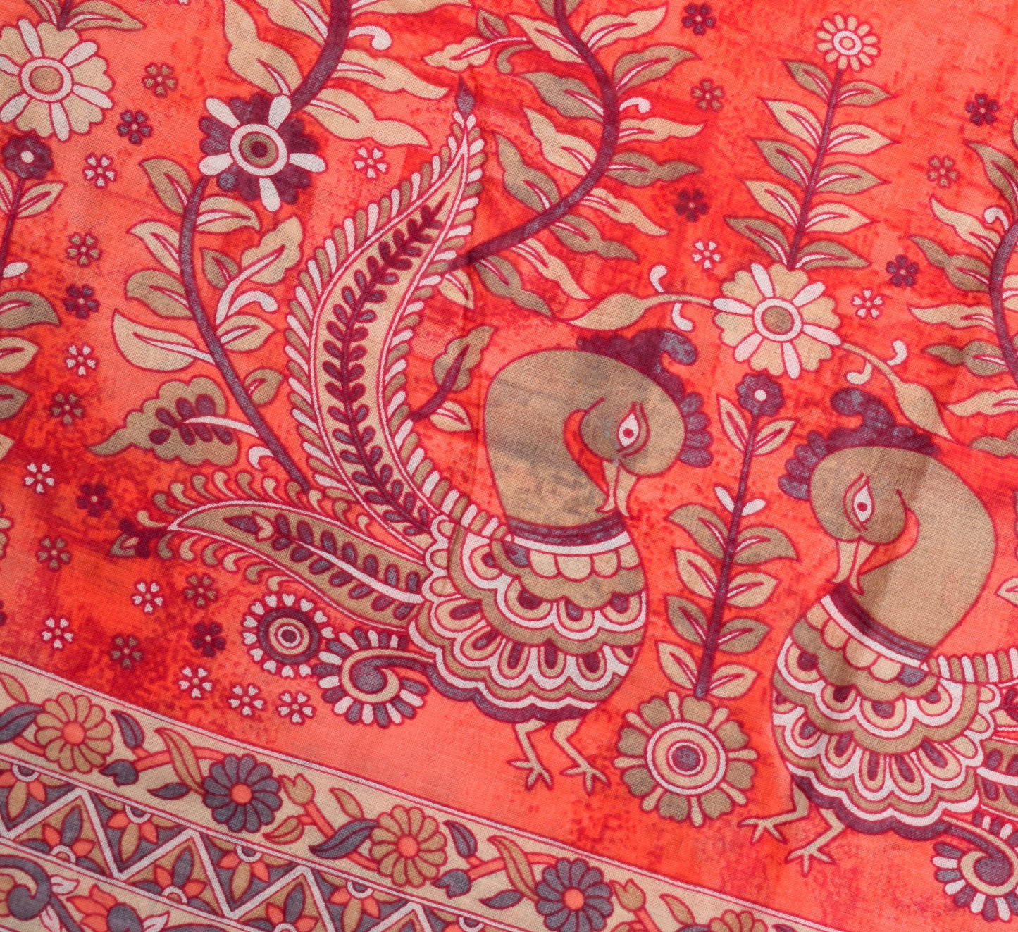 Sushila Vintage Dark Peach Saree Pure Cotton Printed Peacock Soft Craft Fabric
