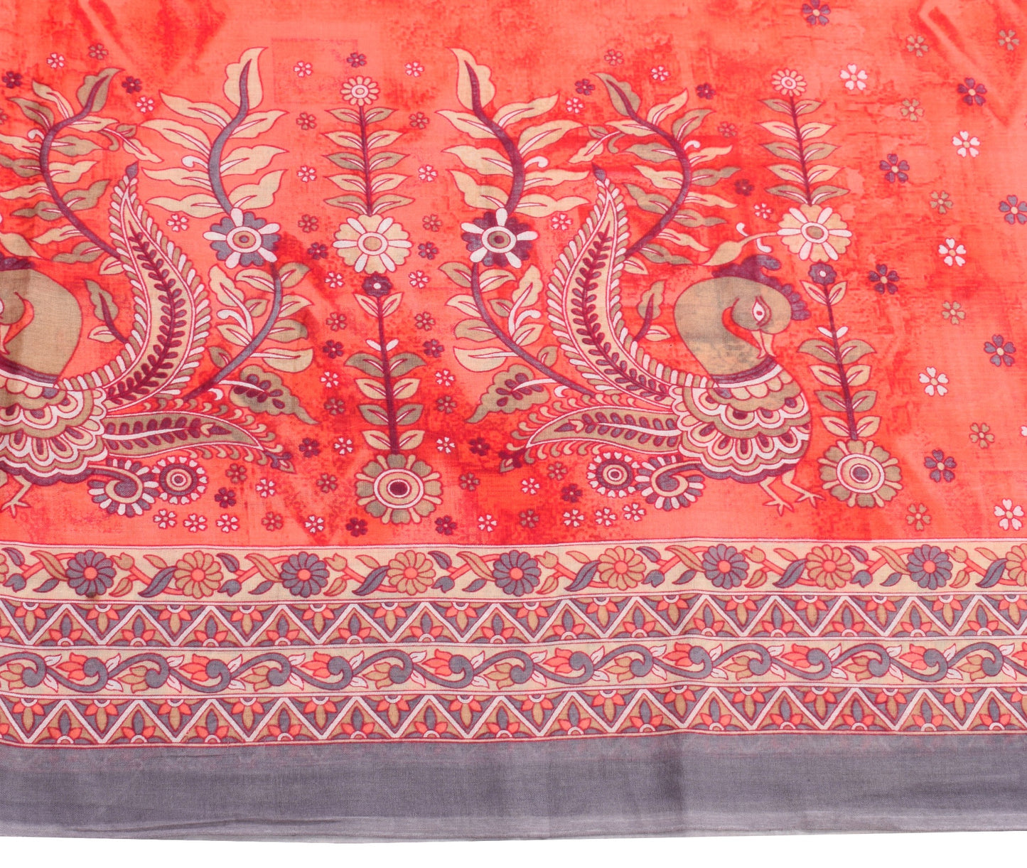 Sushila Vintage Dark Peach Saree Pure Cotton Printed Peacock Soft Craft Fabric
