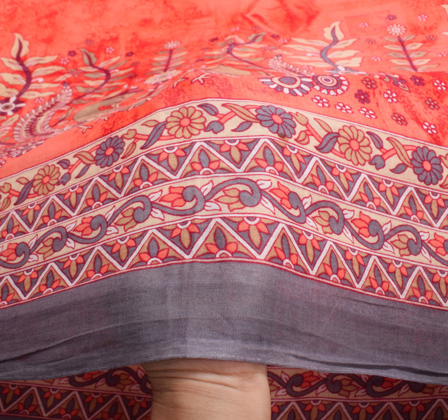 Sushila Vintage Dark Peach Saree Pure Cotton Printed Peacock Soft Craft Fabric