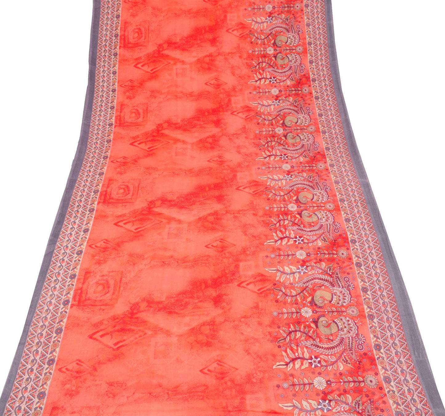 Sushila Vintage Dark Peach Saree Pure Cotton Printed Peacock Soft Craft Fabric