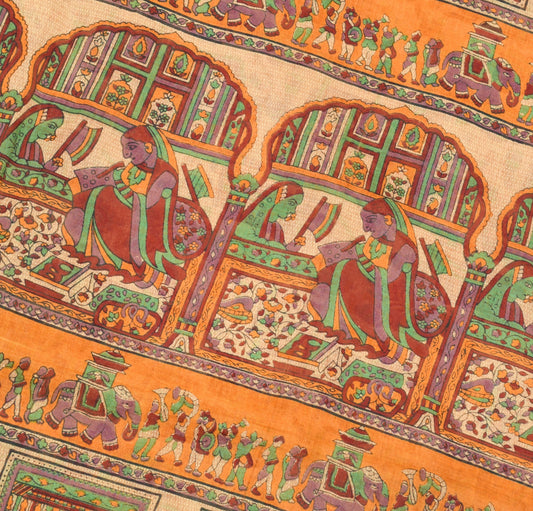 Sushila Vintage Beige Saree 100% Pure Cotton Figure Printed Indian Craft Fabric