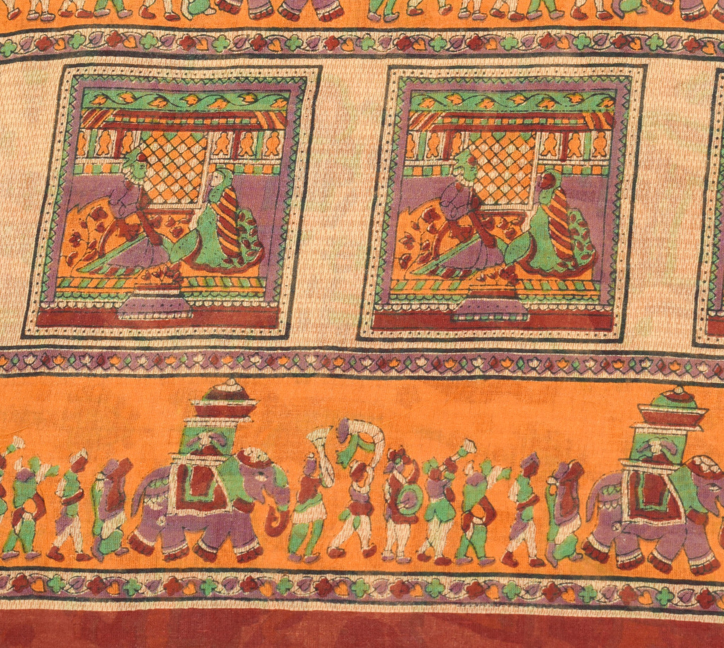 Sushila Vintage Beige Saree 100% Pure Cotton Figure Printed Indian Craft Fabric