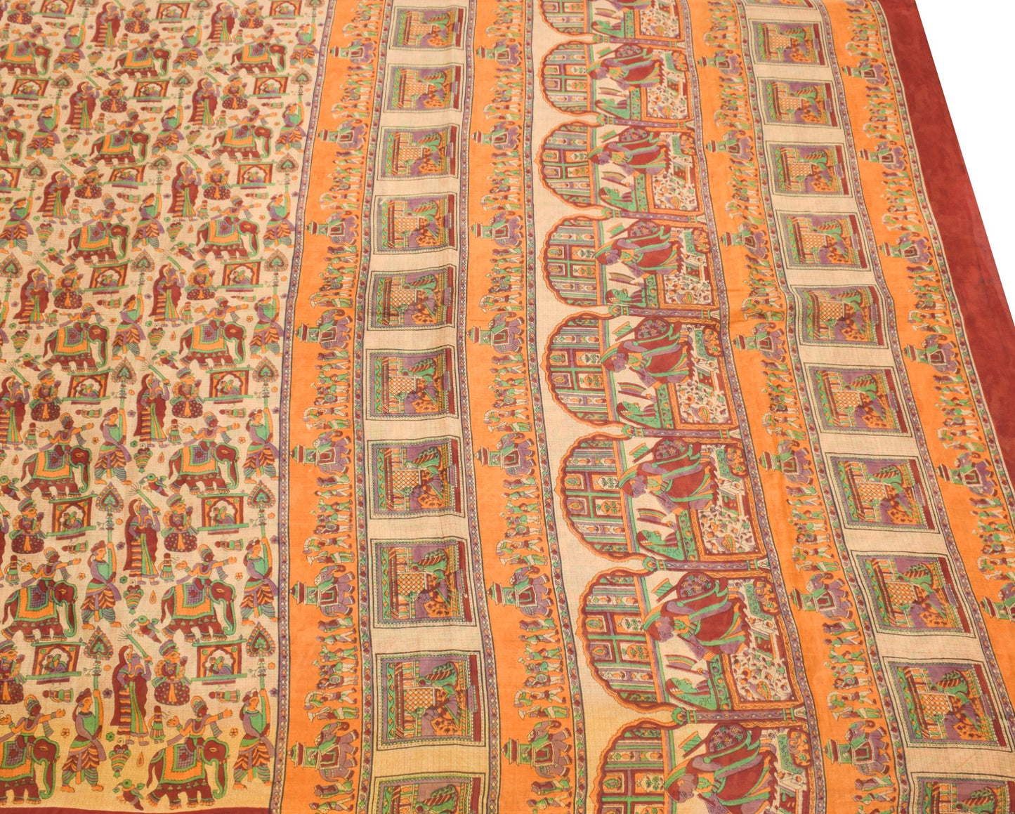 Sushila Vintage Beige Saree 100% Pure Cotton Figure Printed Indian Craft Fabric