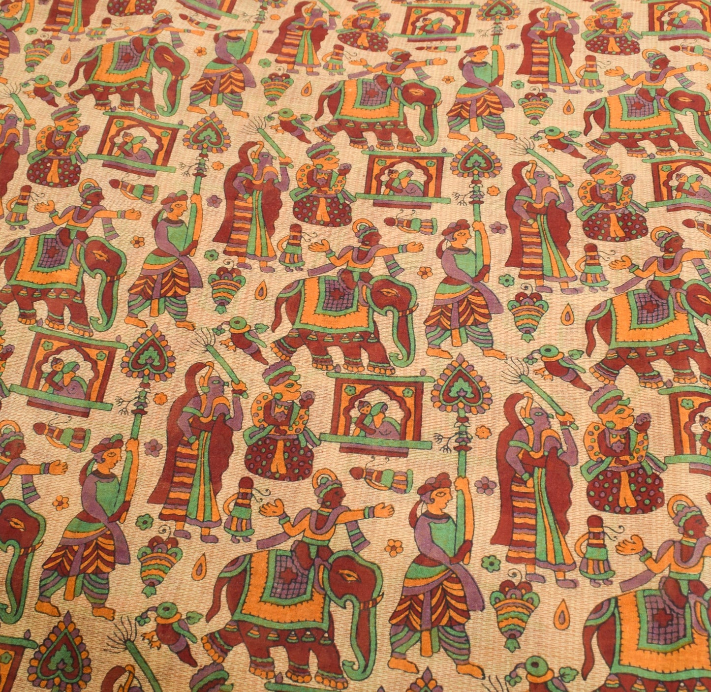 Sushila Vintage Beige Saree 100% Pure Cotton Figure Printed Indian Craft Fabric