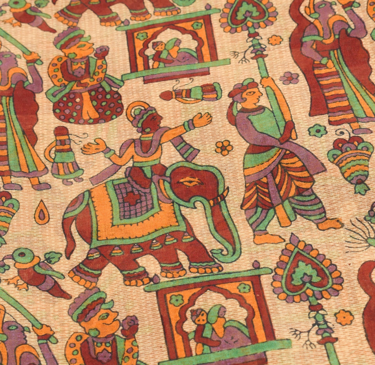 Sushila Vintage Beige Saree 100% Pure Cotton Figure Printed Indian Craft Fabric