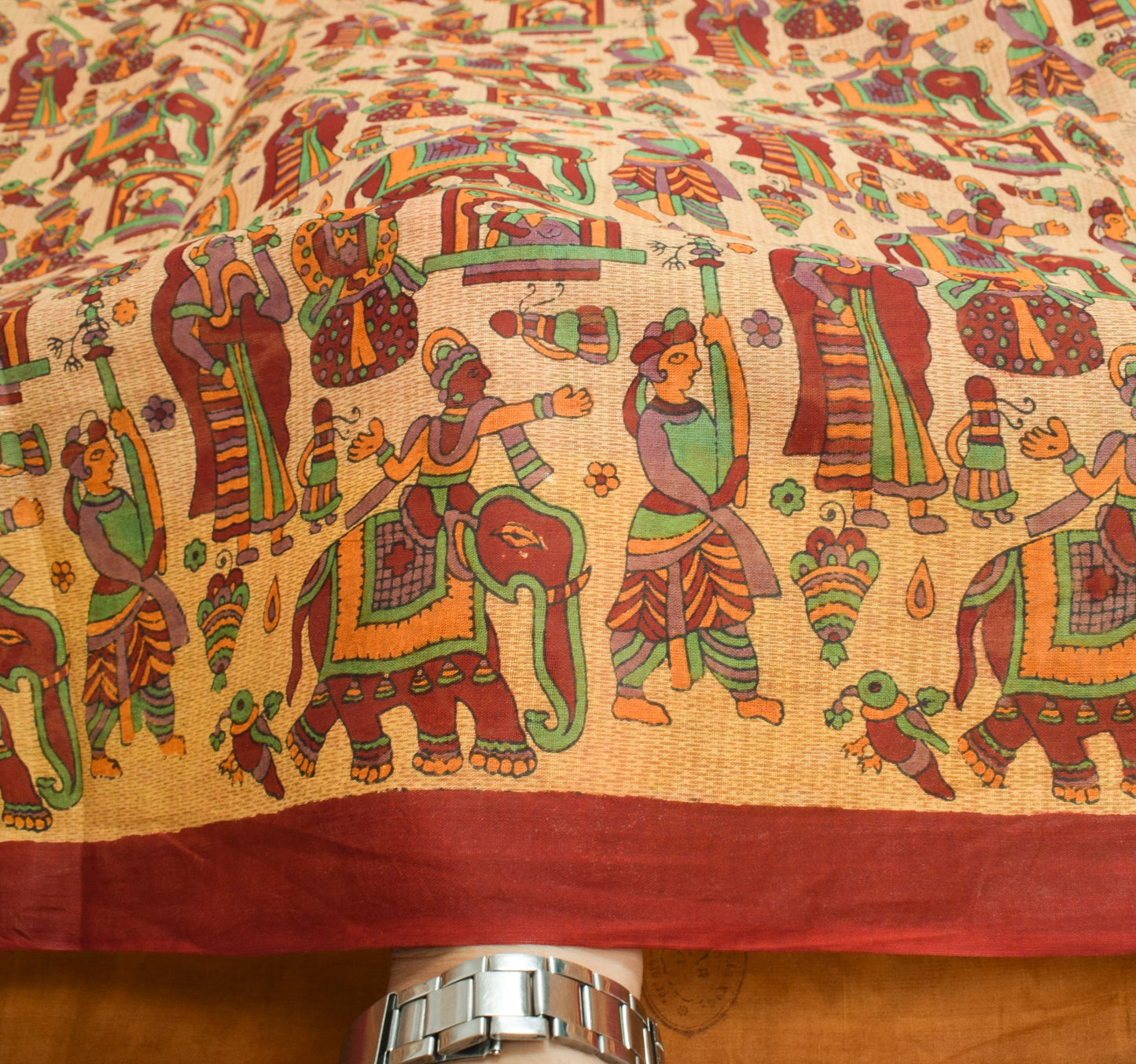 Sushila Vintage Beige Saree 100% Pure Cotton Figure Printed Indian Craft Fabric