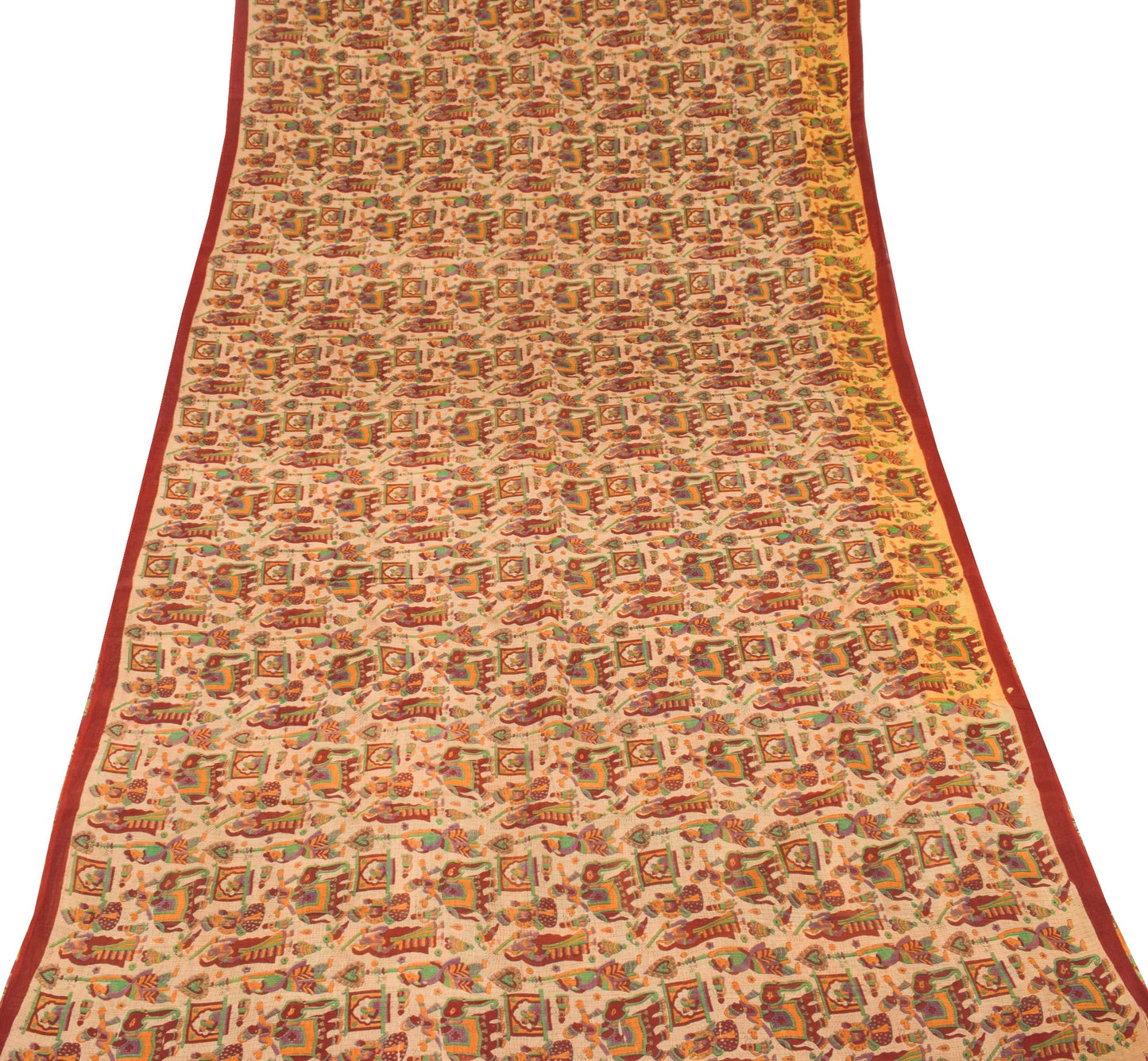 Sushila Vintage Beige Saree 100% Pure Cotton Figure Printed Indian Craft Fabric
