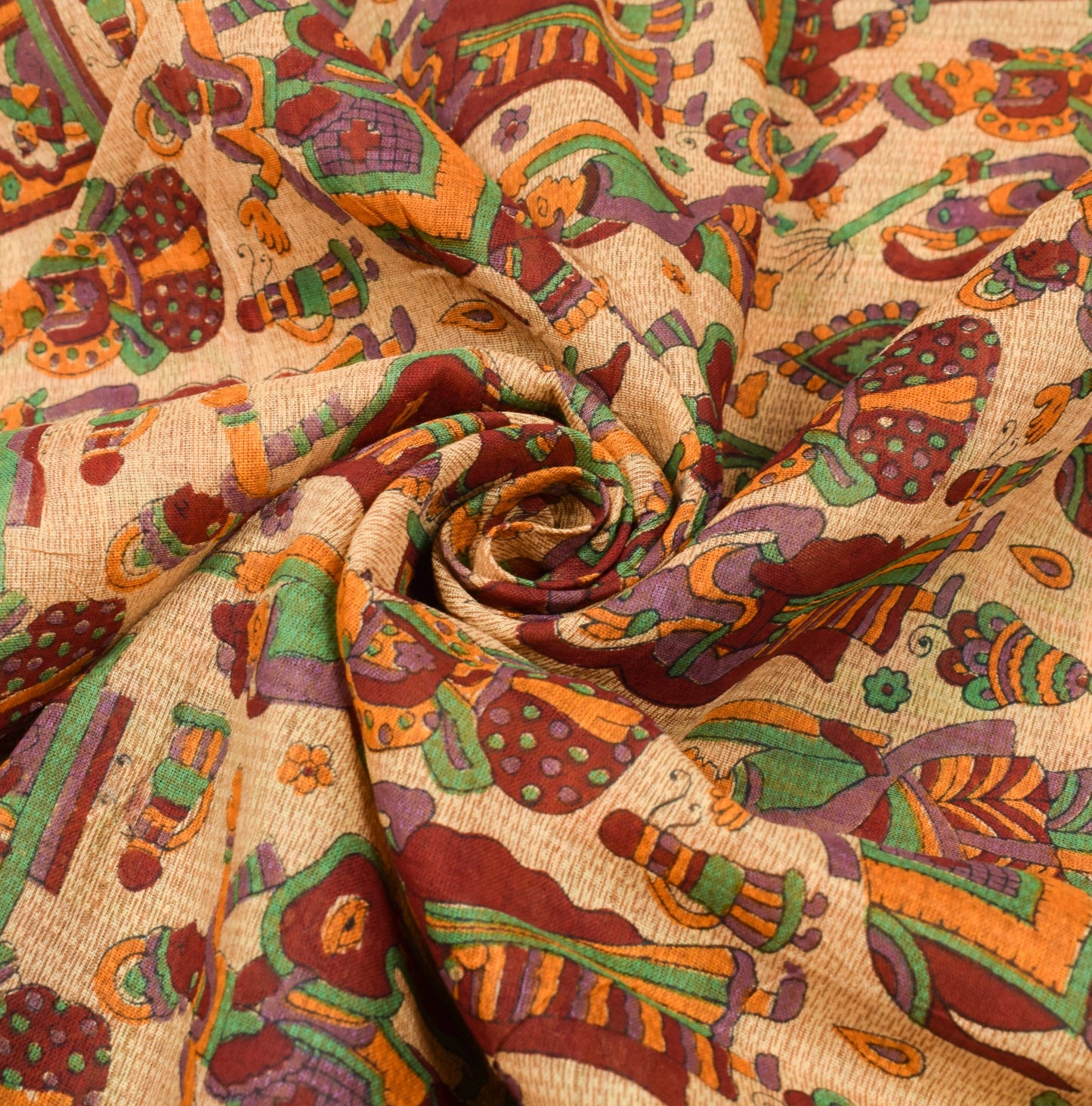 Sushila Vintage Beige Saree 100% Pure Cotton Figure Printed Indian Craft Fabric