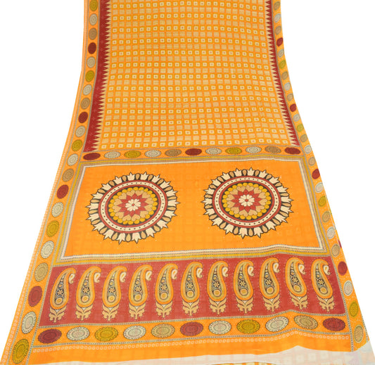 Sushila Vintage Geometric Yellow Saree 100%Pure Cotton Printed Soft Craft Fabric