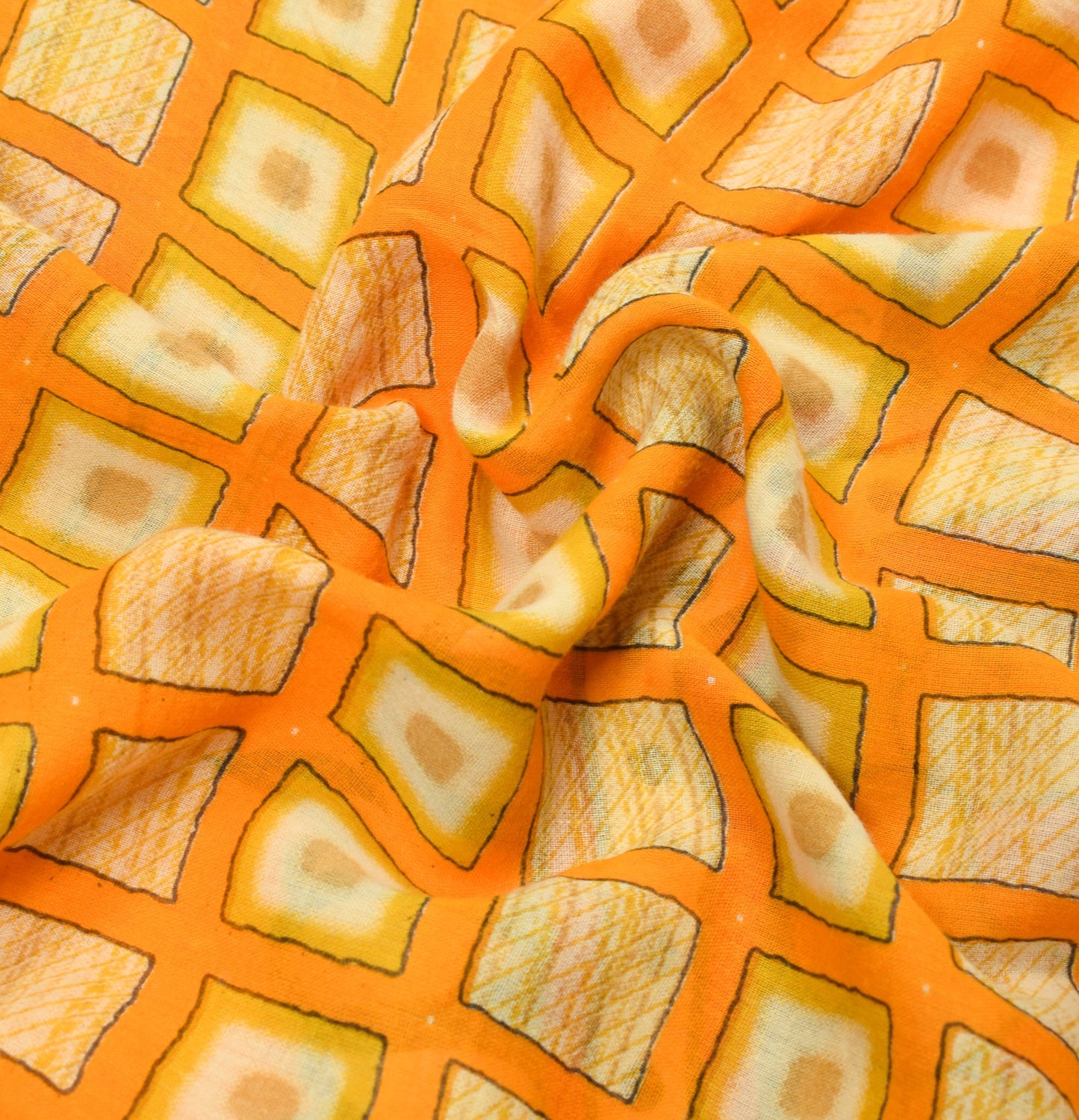 Sushila Vintage Geometric Yellow Saree 100%Pure Cotton Printed Soft Craft Fabric