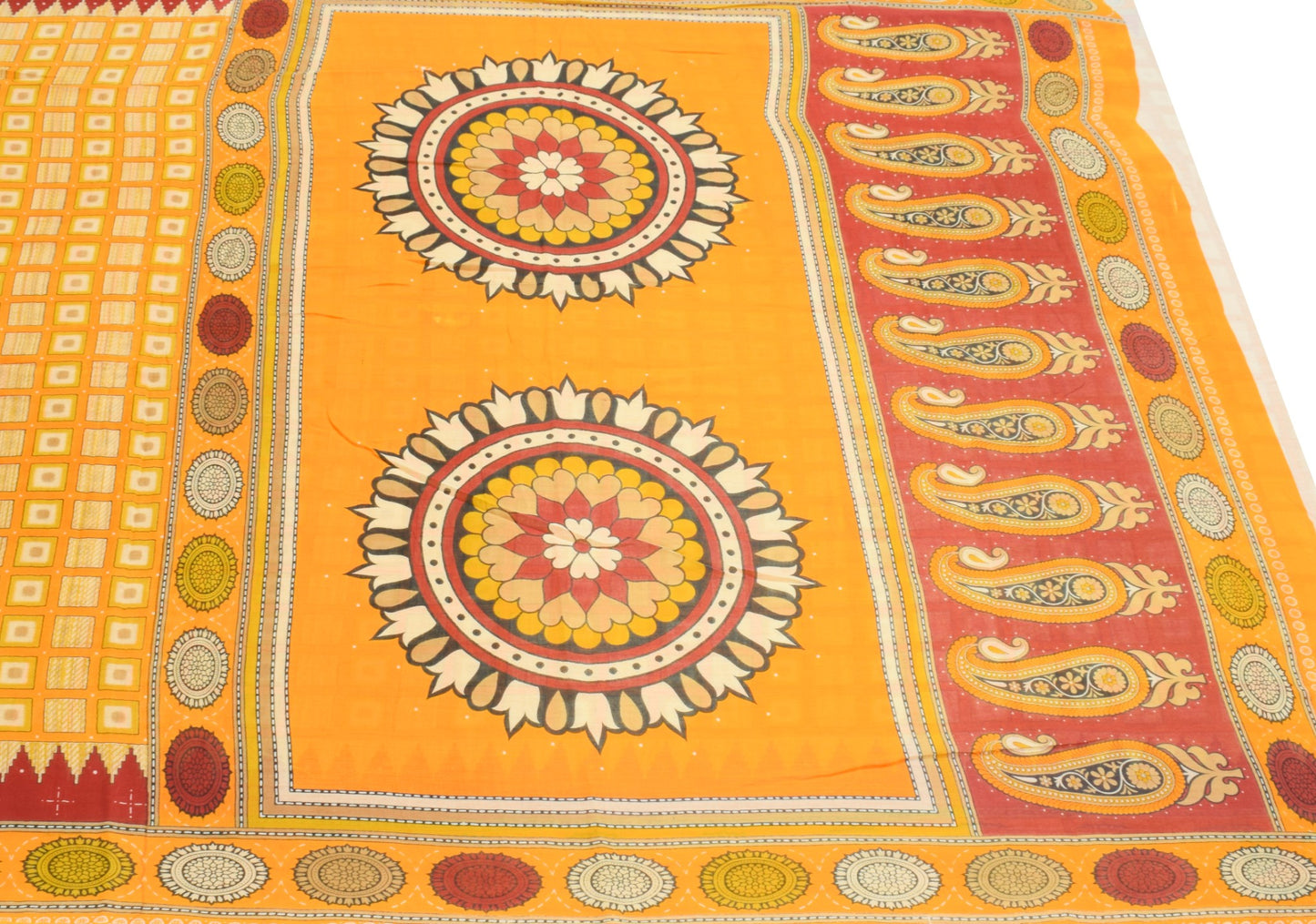 Sushila Vintage Geometric Yellow Saree 100%Pure Cotton Printed Soft Craft Fabric