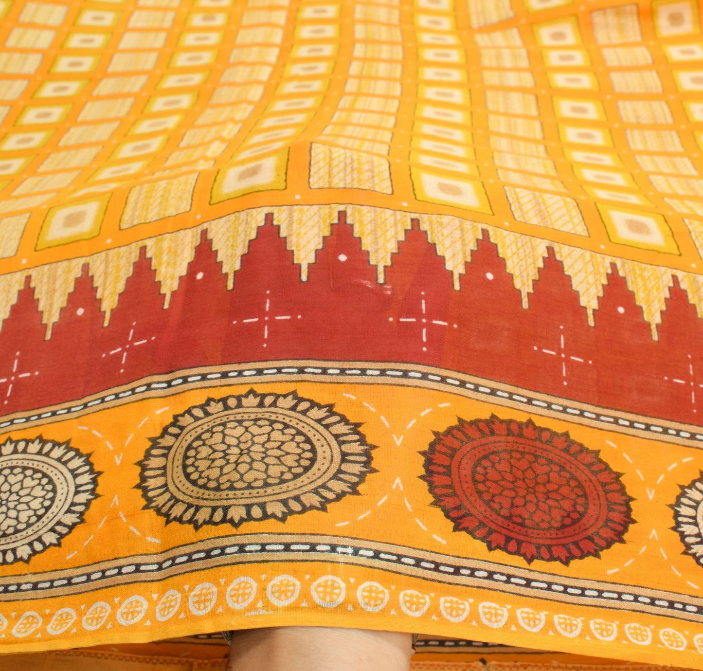 Sushila Vintage Geometric Yellow Saree 100%Pure Cotton Printed Soft Craft Fabric