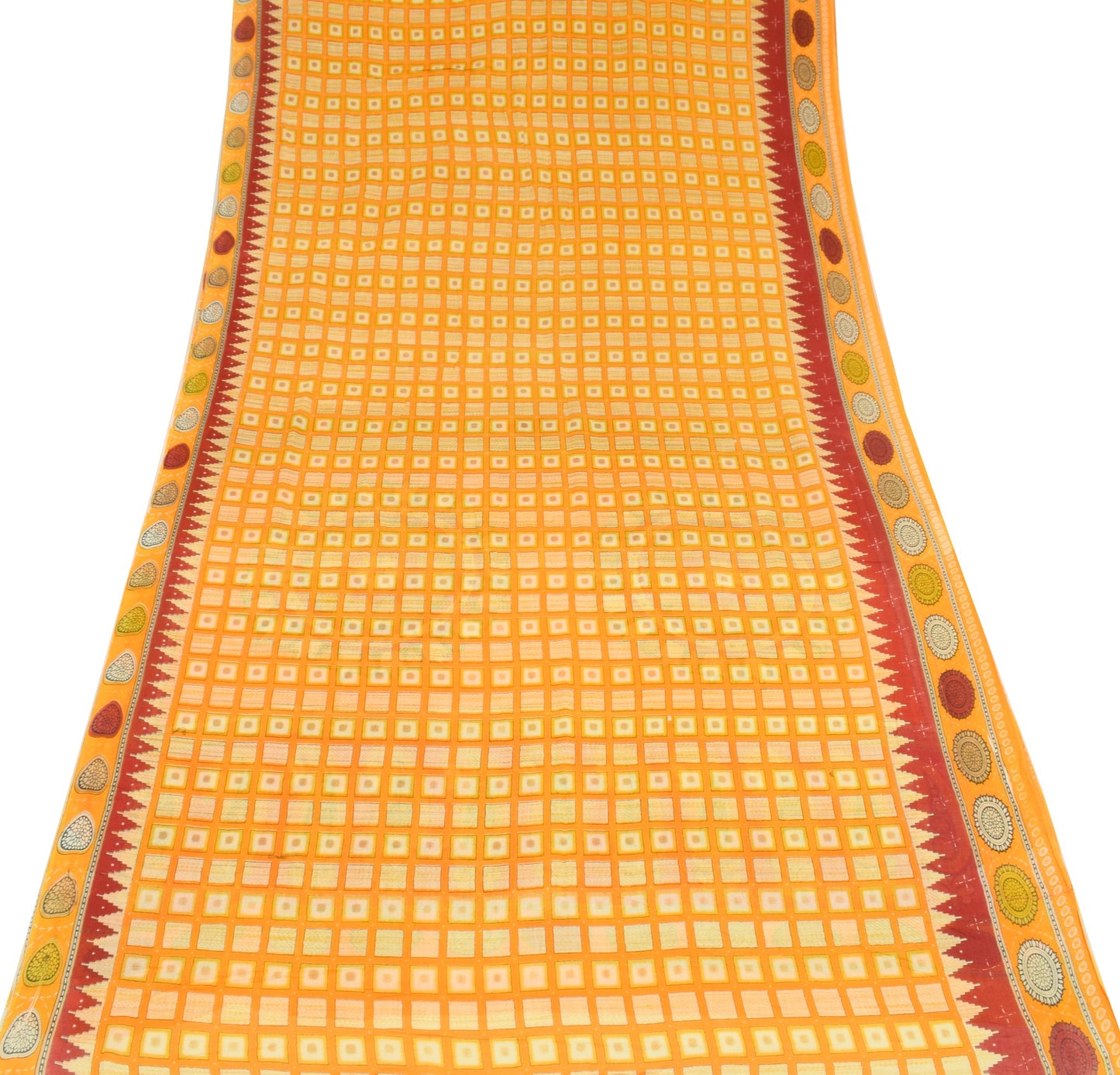 Sushila Vintage Geometric Yellow Saree 100%Pure Cotton Printed Soft Craft Fabric