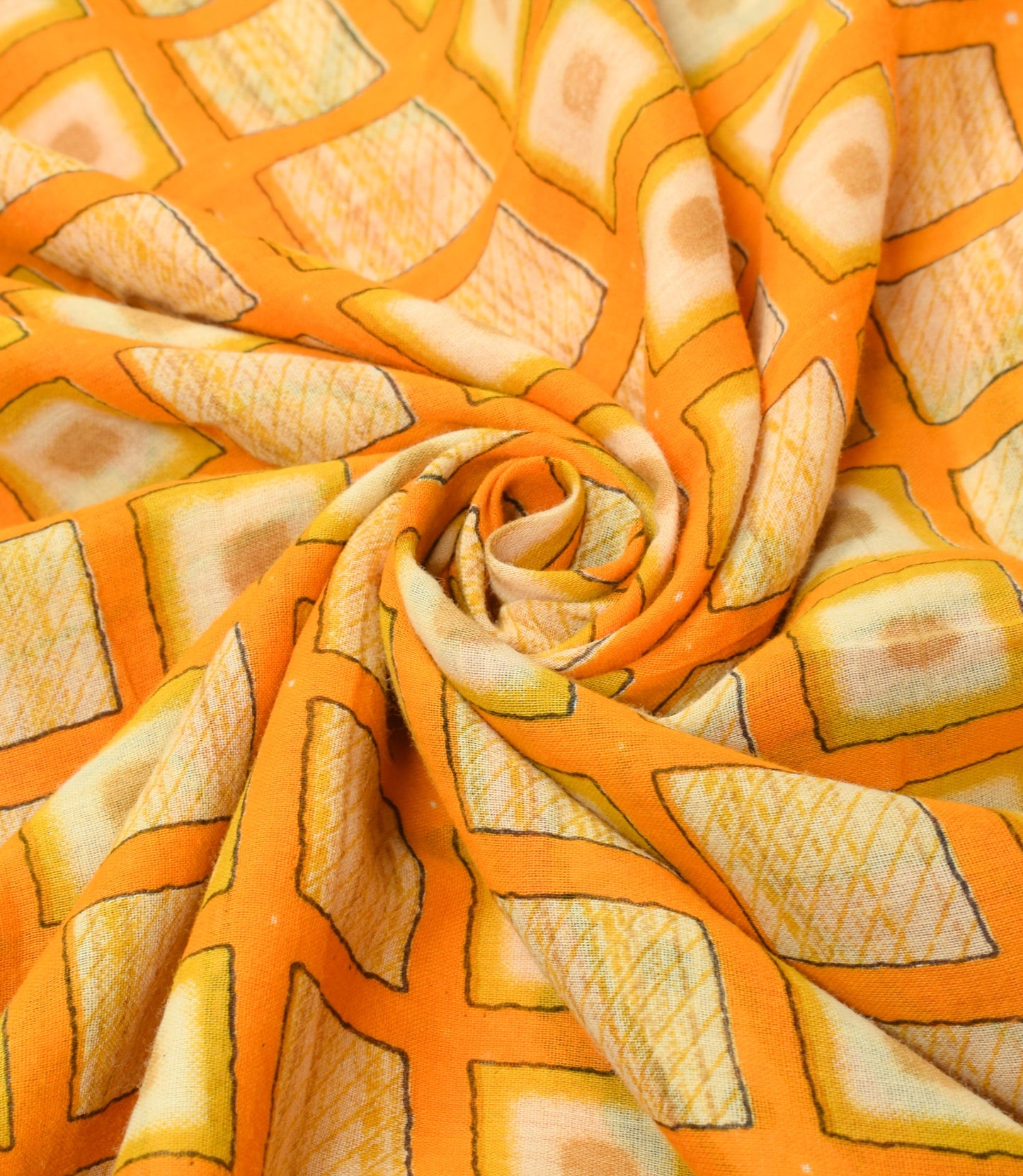 Sushila Vintage Geometric Yellow Saree 100%Pure Cotton Printed Soft Craft Fabric