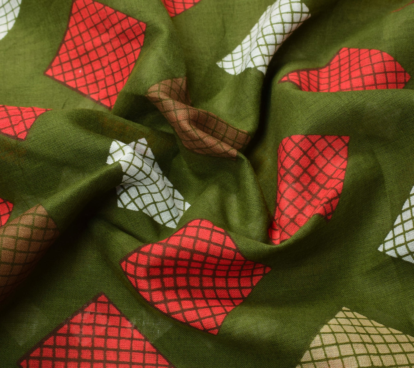 Sushila Vintage Green Geometric Saree 100% Pure Cotton Sari Printed Craft Fabric