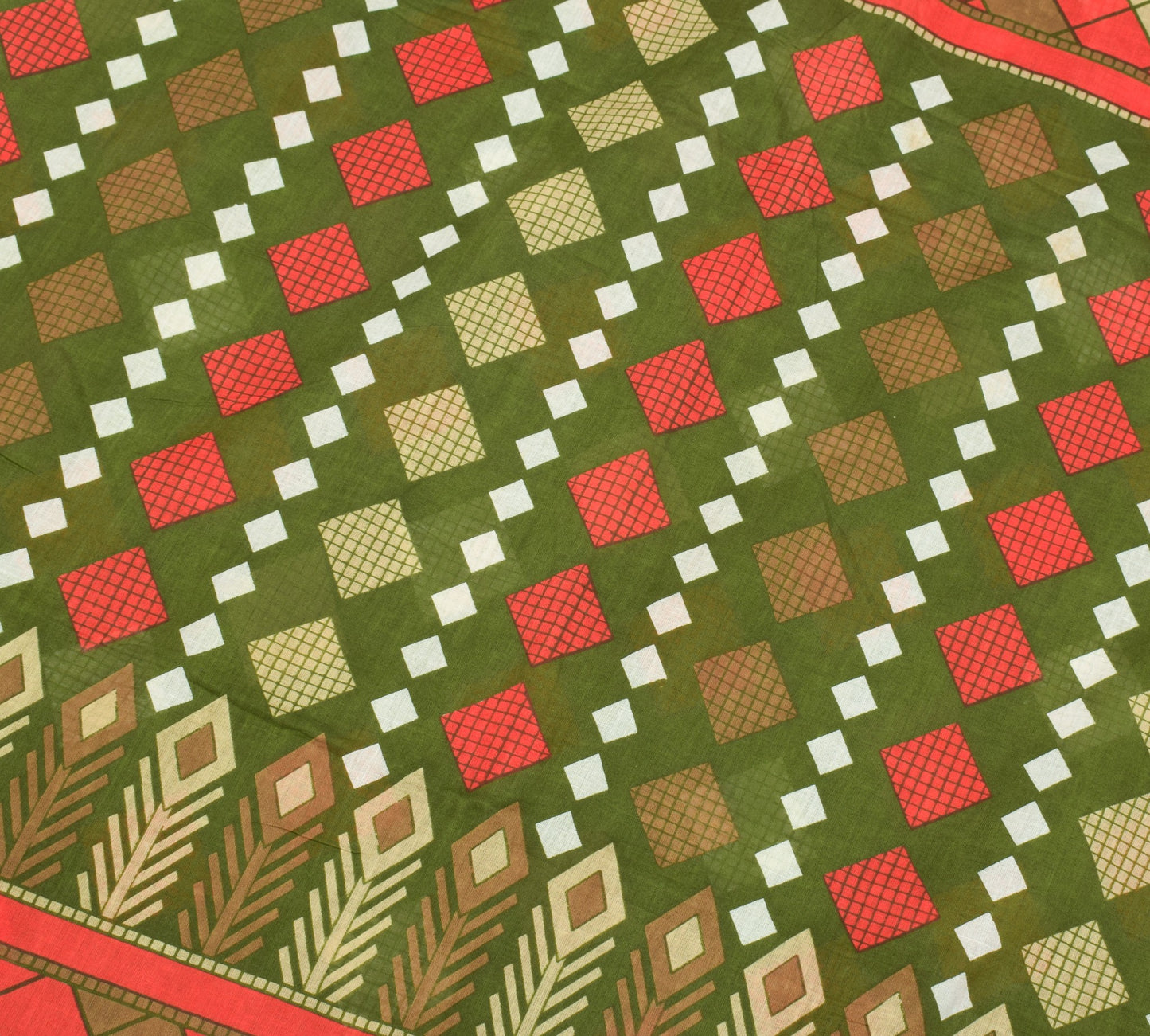 Sushila Vintage Green Geometric Saree 100% Pure Cotton Sari Printed Craft Fabric