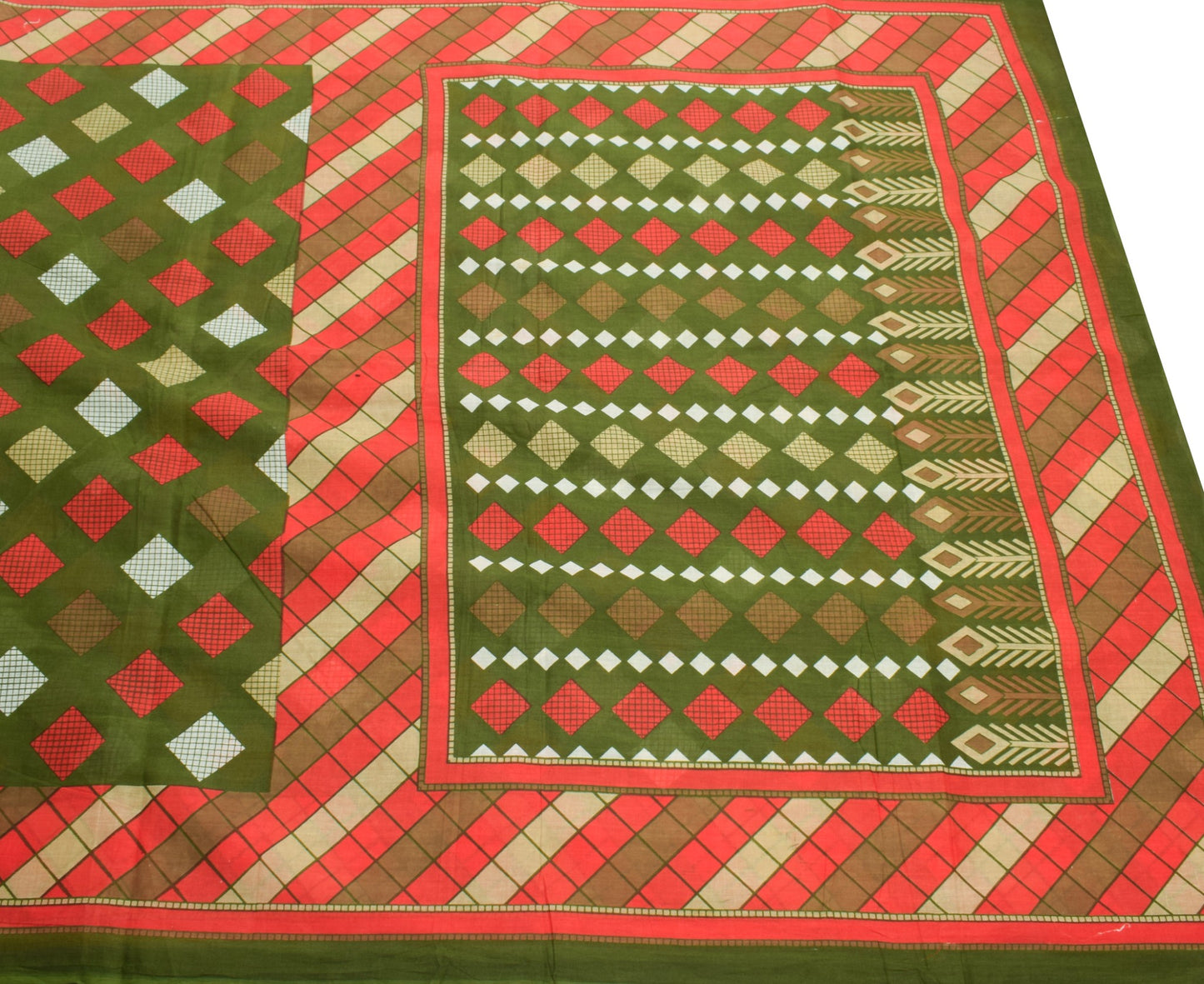 Sushila Vintage Green Geometric Saree 100% Pure Cotton Sari Printed Craft Fabric