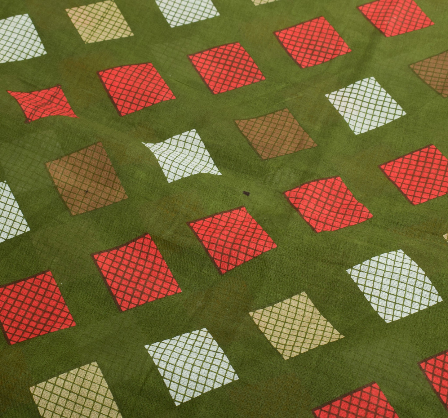 Sushila Vintage Green Geometric Saree 100% Pure Cotton Sari Printed Craft Fabric