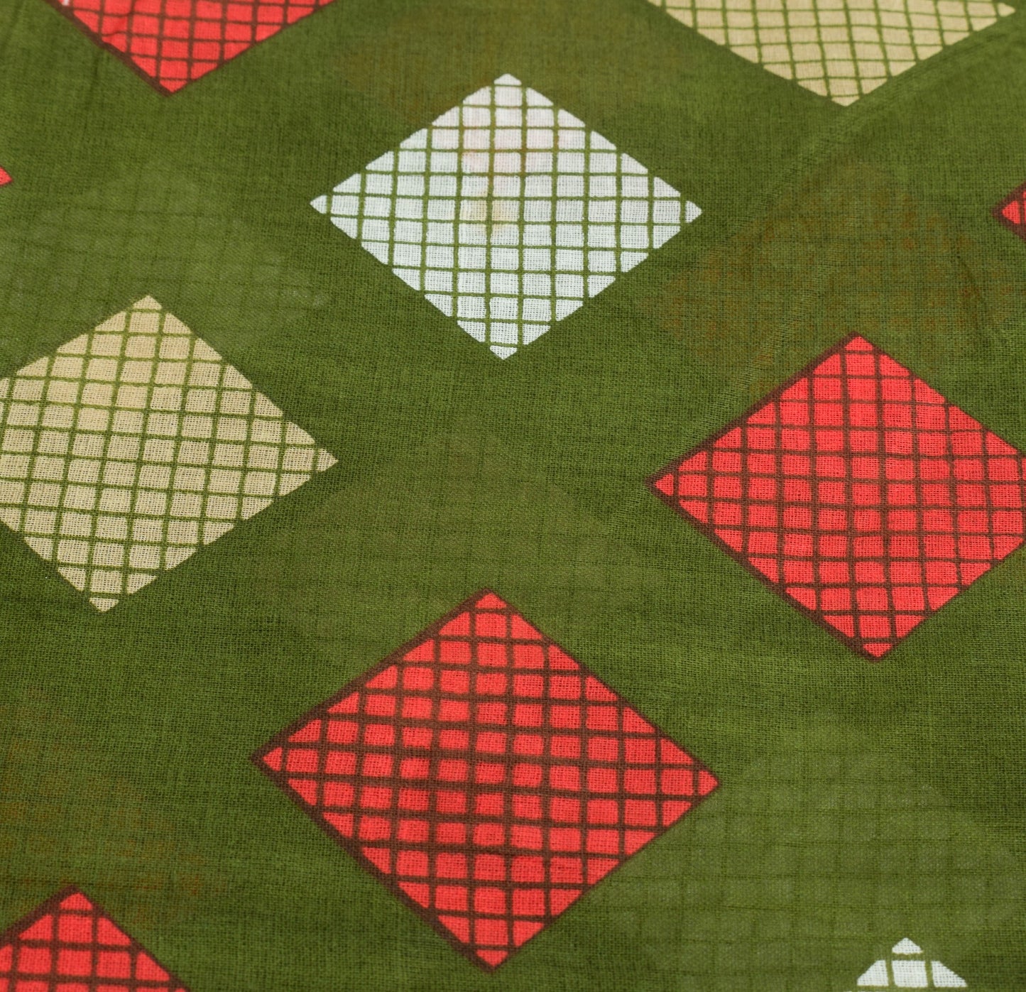 Sushila Vintage Green Geometric Saree 100% Pure Cotton Sari Printed Craft Fabric