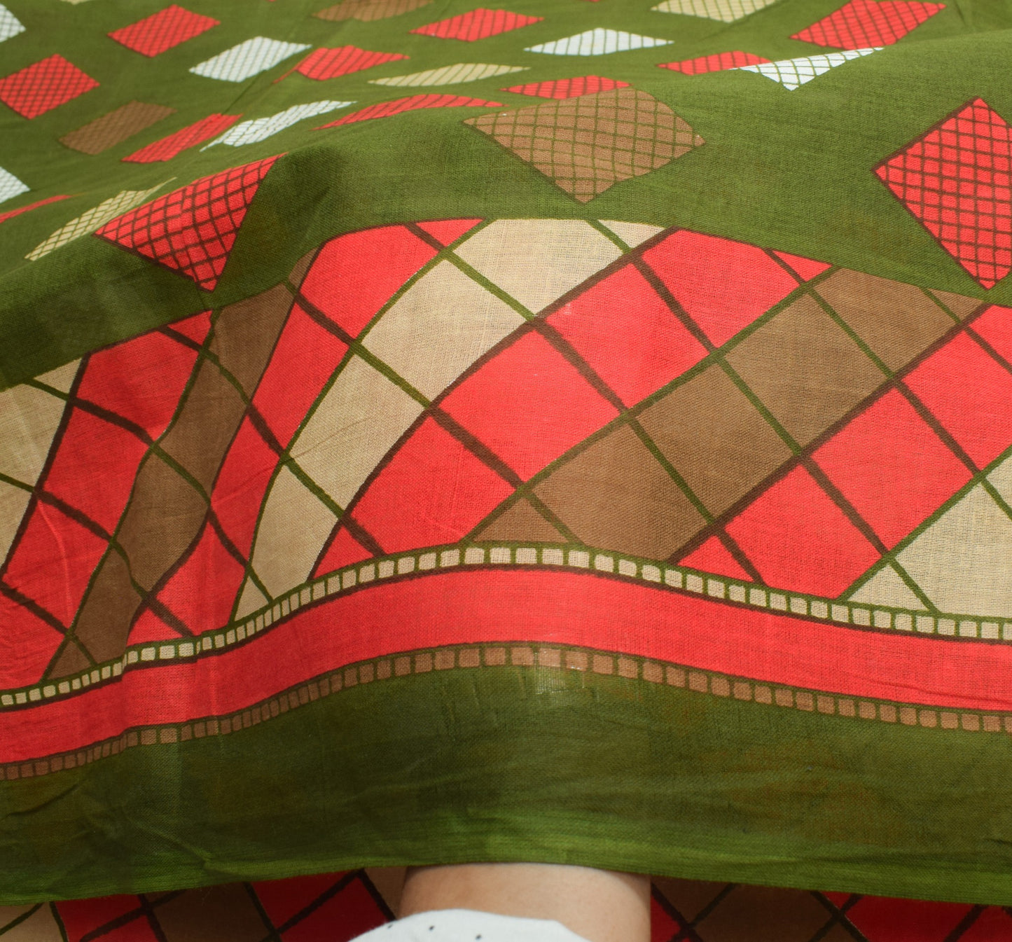 Sushila Vintage Green Geometric Saree 100% Pure Cotton Sari Printed Craft Fabric