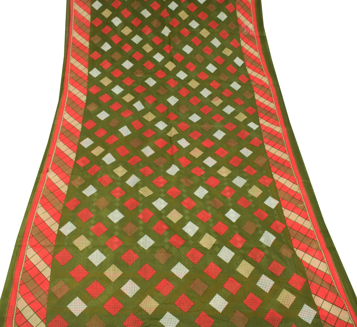 Sushila Vintage Green Geometric Saree 100% Pure Cotton Sari Printed Craft Fabric