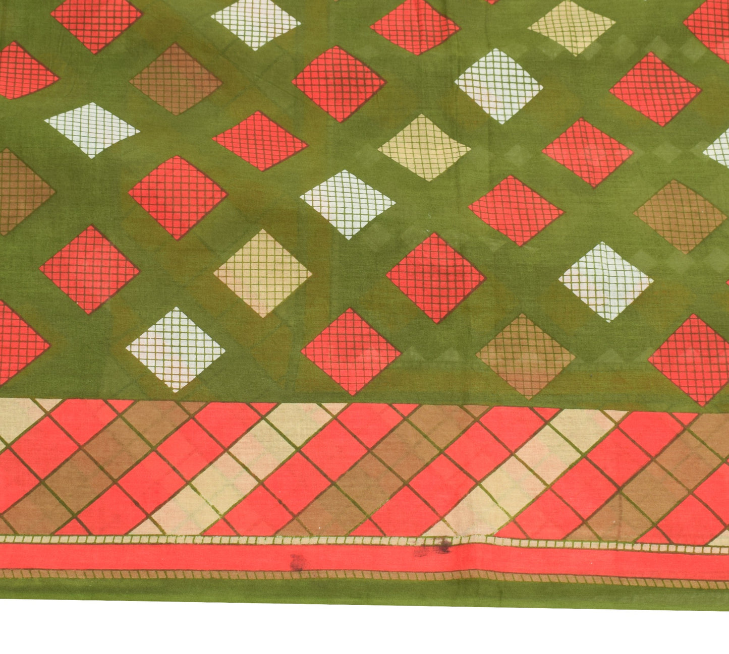 Sushila Vintage Green Geometric Saree 100% Pure Cotton Sari Printed Craft Fabric