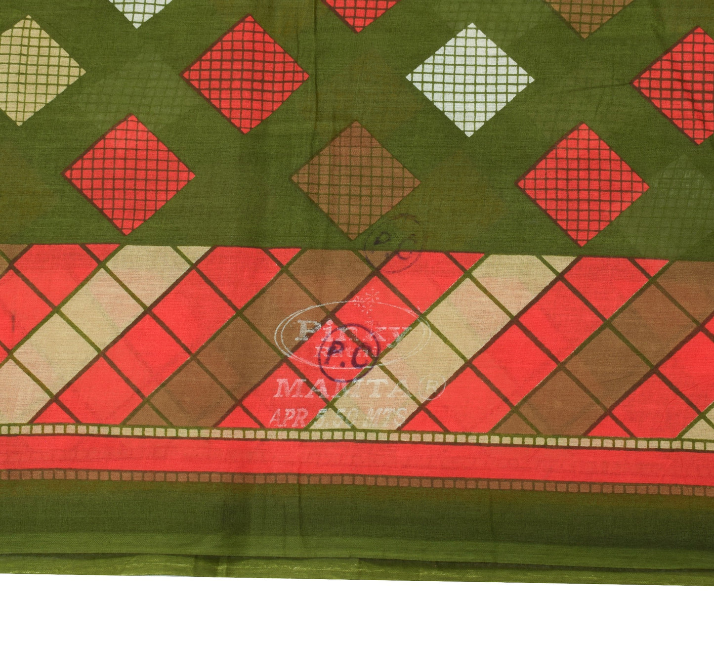 Sushila Vintage Green Geometric Saree 100% Pure Cotton Sari Printed Craft Fabric