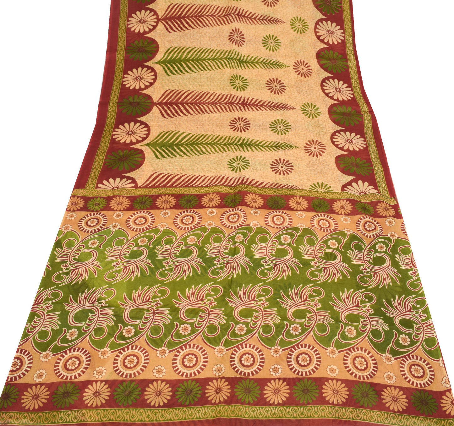 Sushila Vintage Cream Floral Saree Indian 100% Pure Cotton Printed Craft Fabric