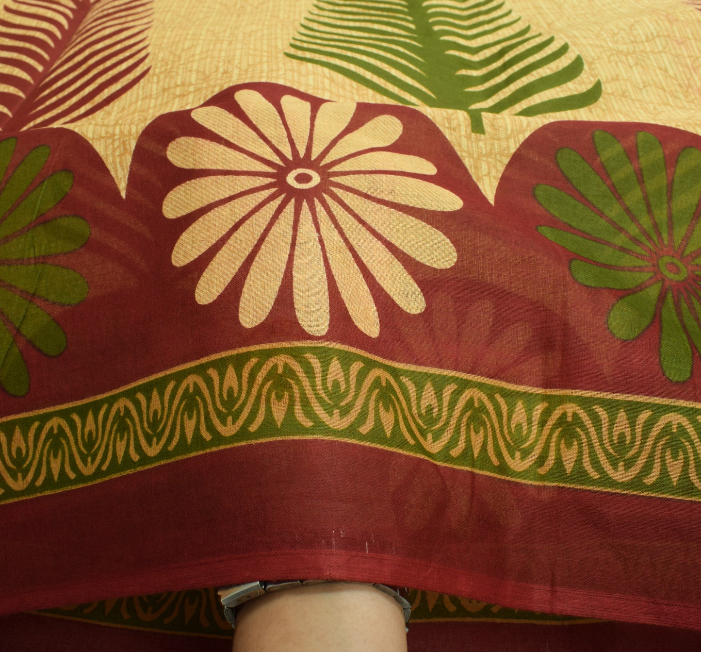 Sushila Vintage Cream Floral Saree Indian 100% Pure Cotton Printed Craft Fabric