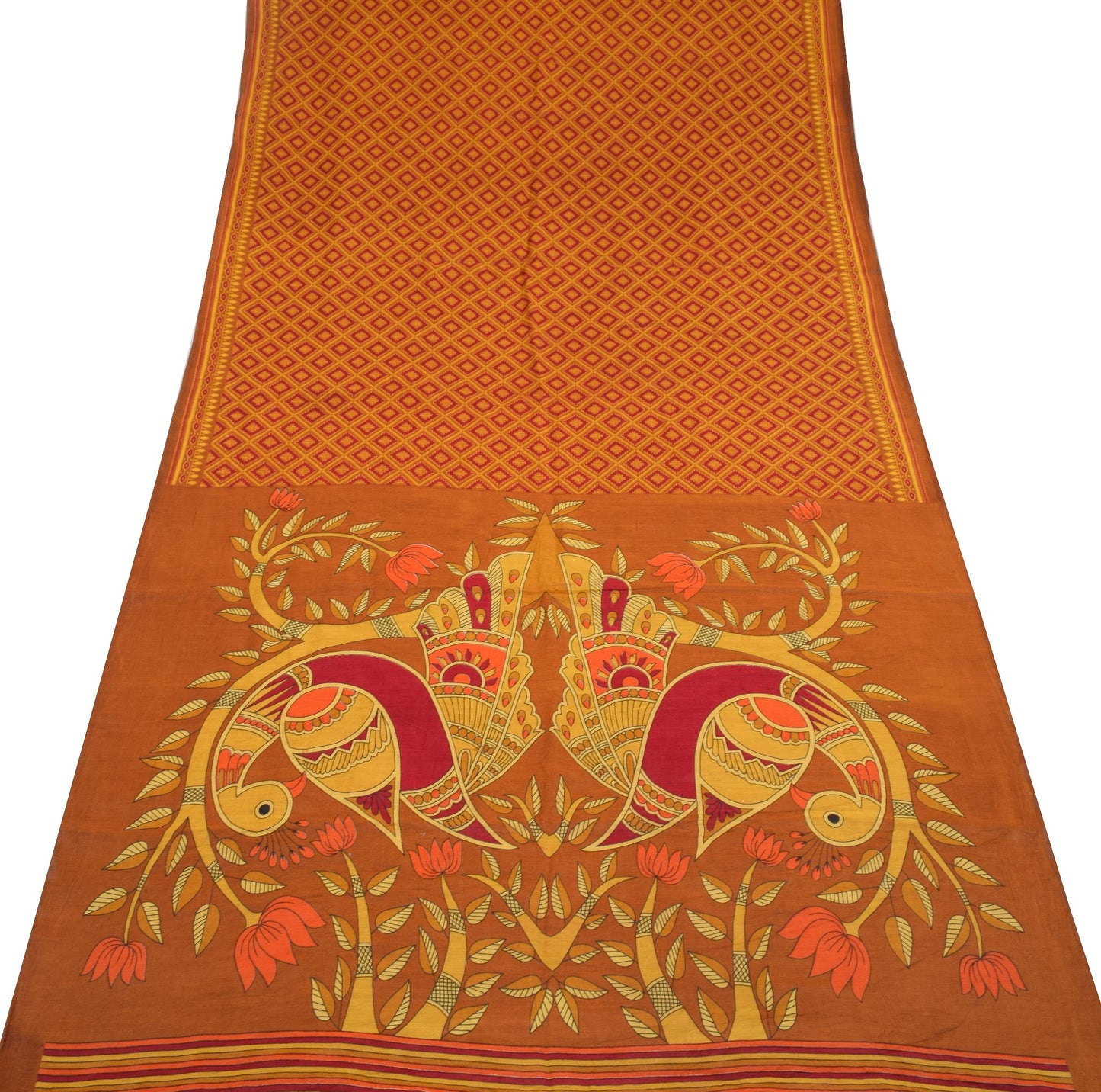 Sushila Vintage Brown Saree Pure Cotton Silk Printed Geometric Soft Craft Fabric