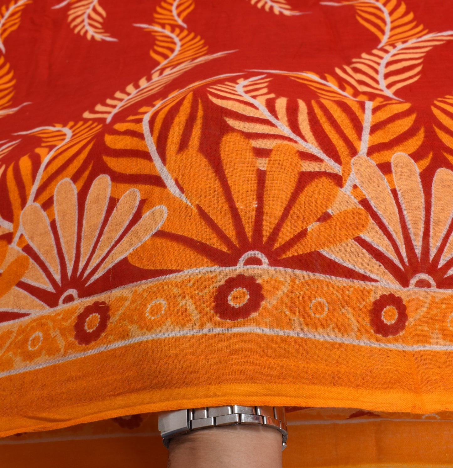 Sushila Vintage Red Orange Saree Pure Cotton Printed Soft Craft Floral Fabric