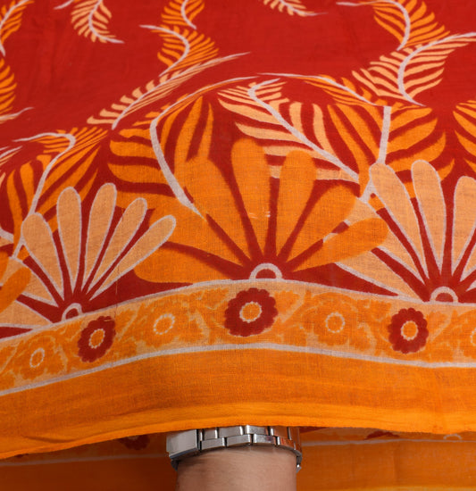 Sushila Vintage Red Orange Saree Pure Cotton Printed Soft Craft Floral Fabric