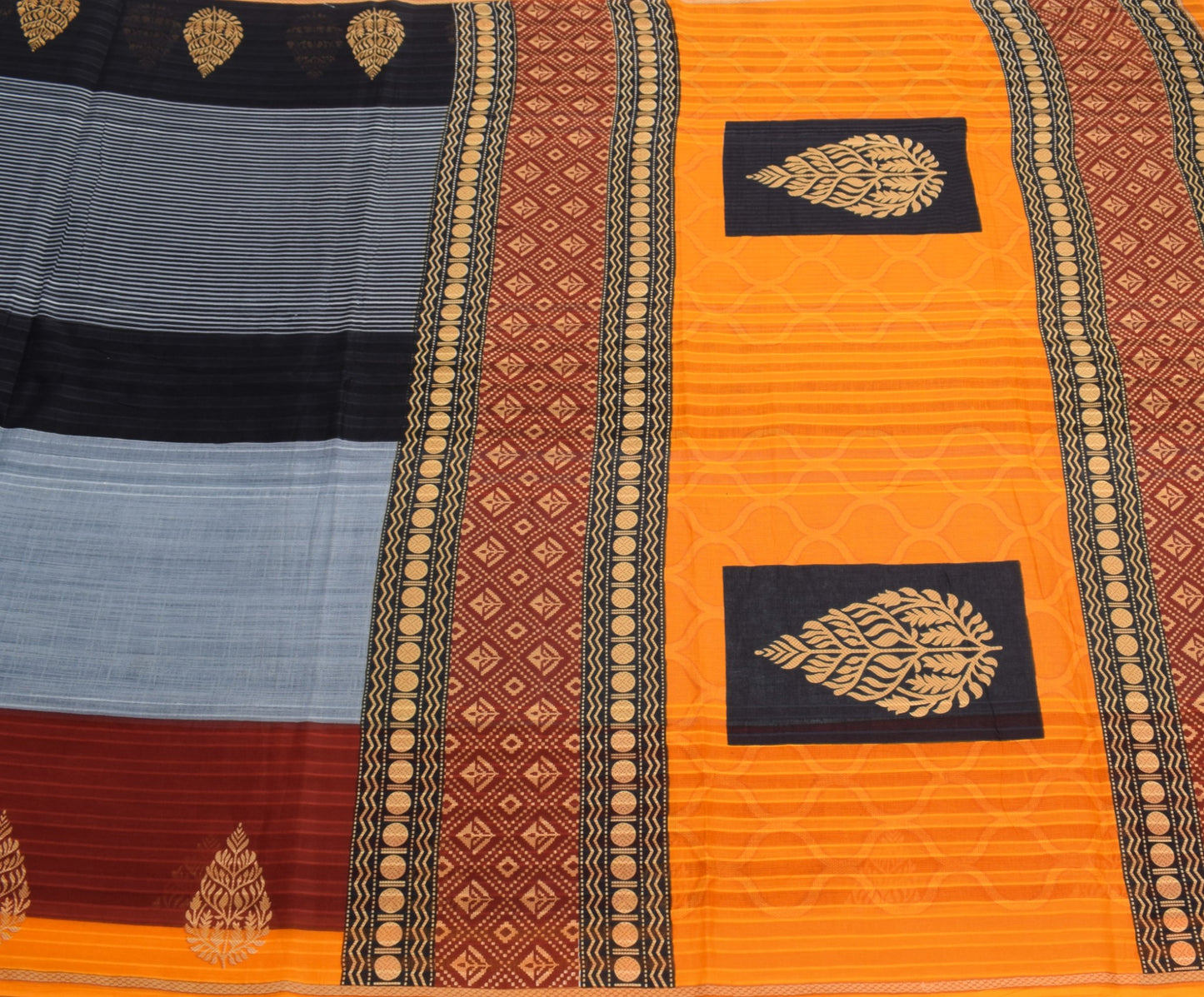 Sushila Vintage Gray Stripes Saree 100% Pure Cotton Printed Indian Craft Fabric