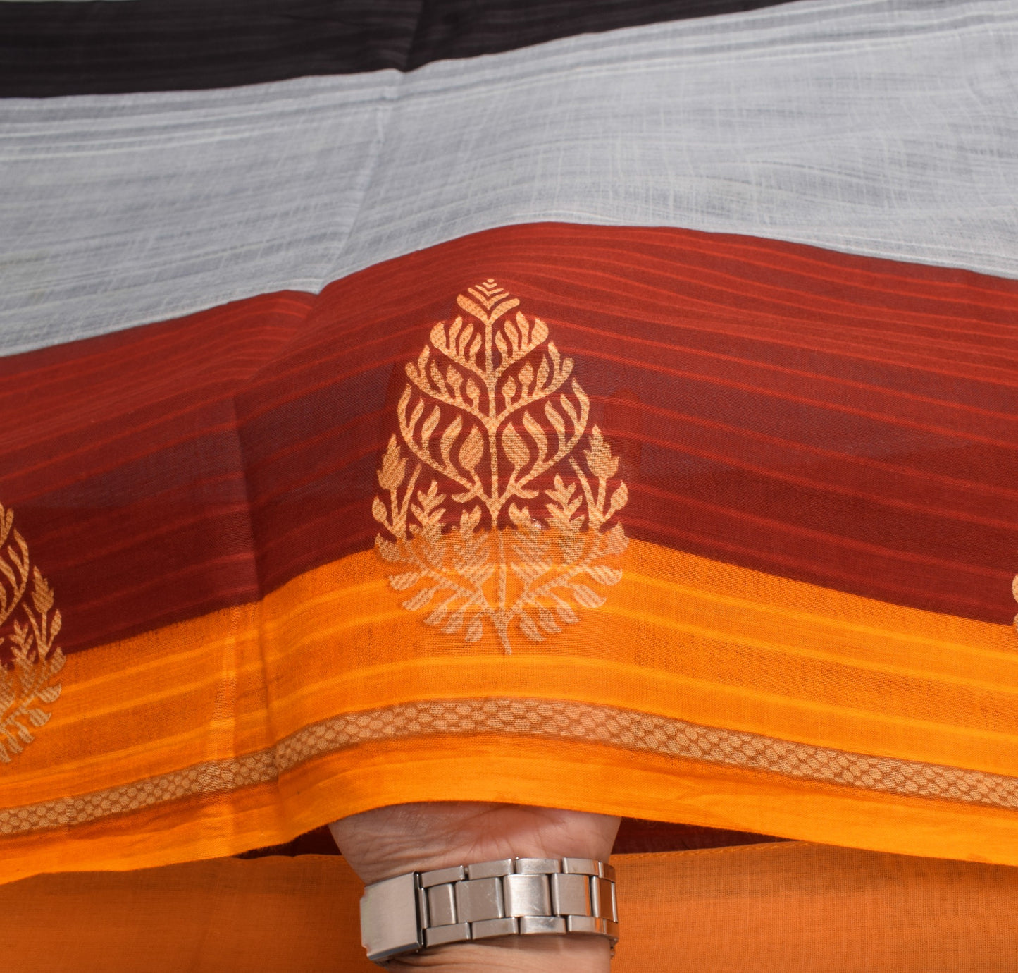 Sushila Vintage Gray Stripes Saree 100% Pure Cotton Printed Indian Craft Fabric