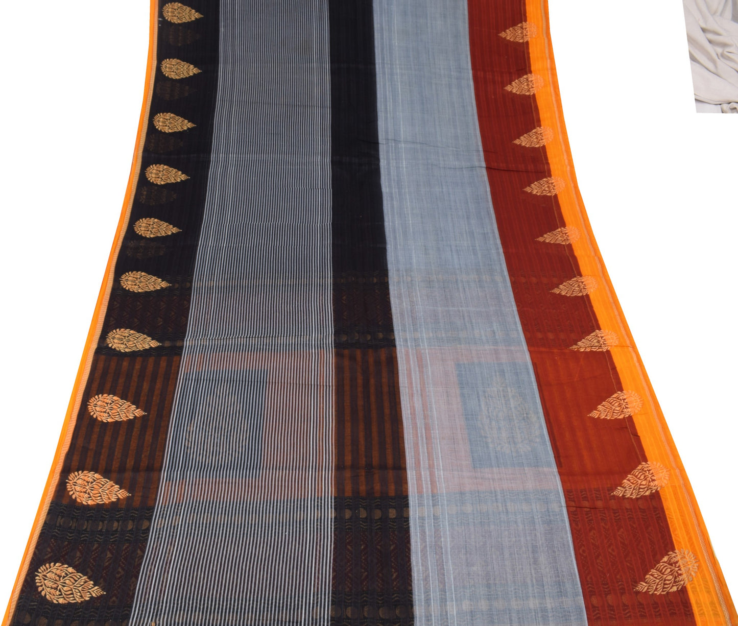 Sushila Vintage Gray Stripes Saree 100% Pure Cotton Printed Indian Craft Fabric
