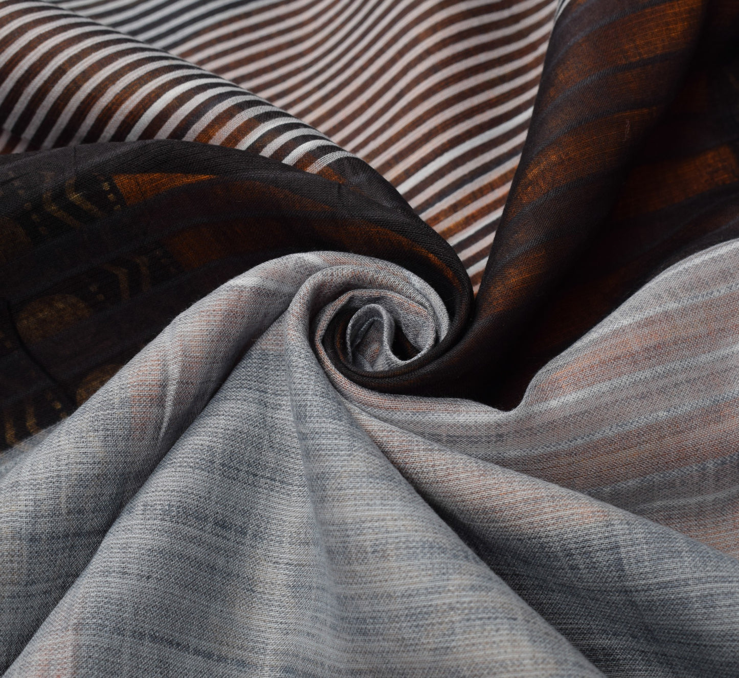 Sushila Vintage Gray Stripes Saree 100% Pure Cotton Printed Indian Craft Fabric