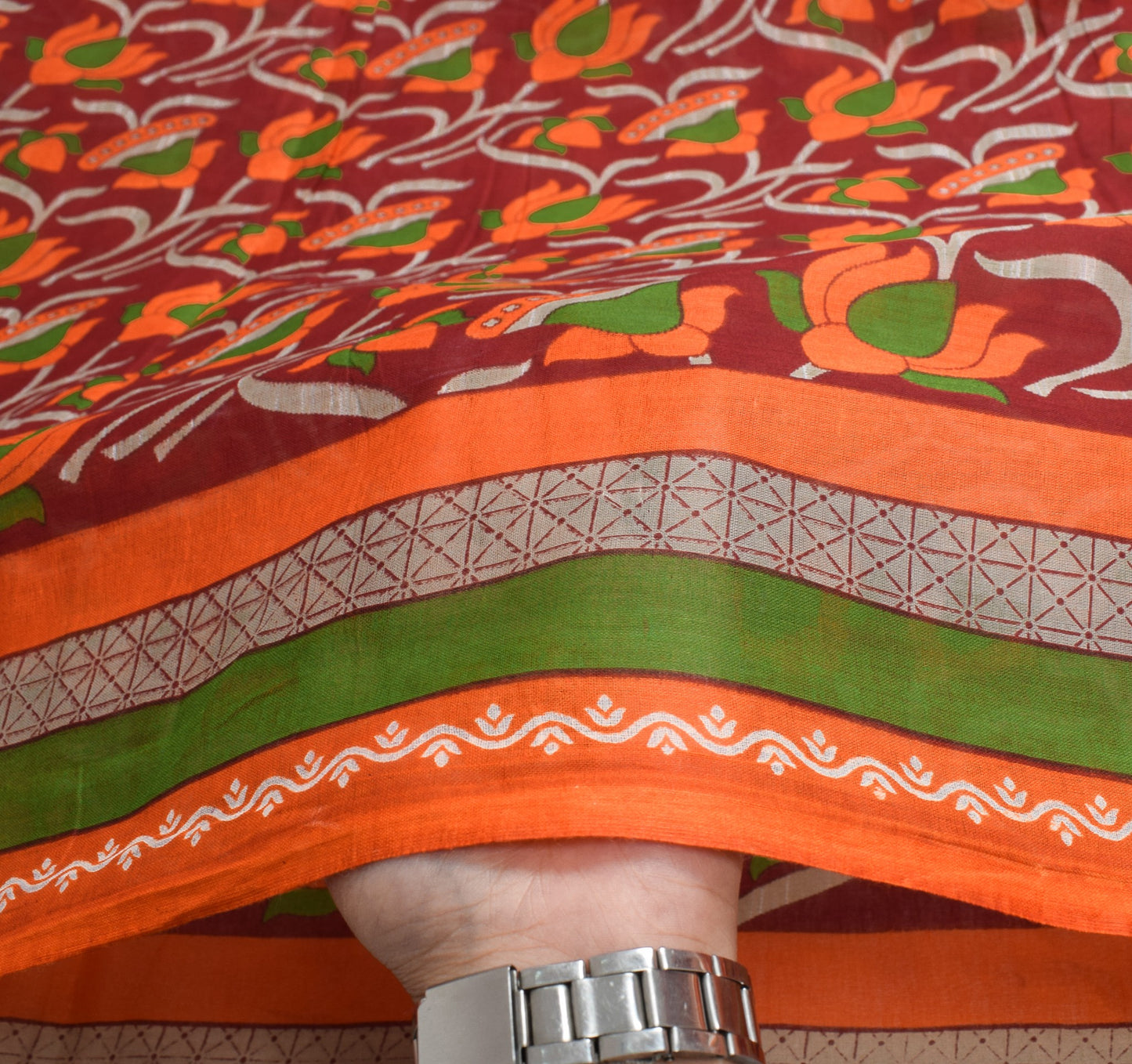 Sushila Vintage Floral Saree 100% Pure Cotton Printed Maroon Sari Craft Fabric