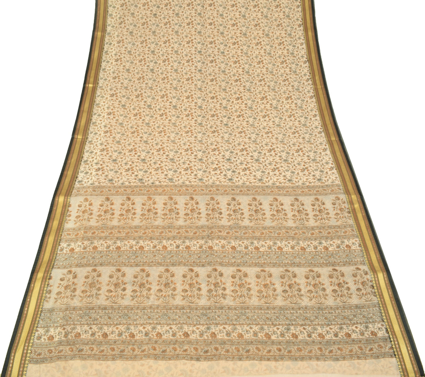 Sushila Vintage Cream Floral Saree Woven Border Art Cotton Printed Craft Fabric