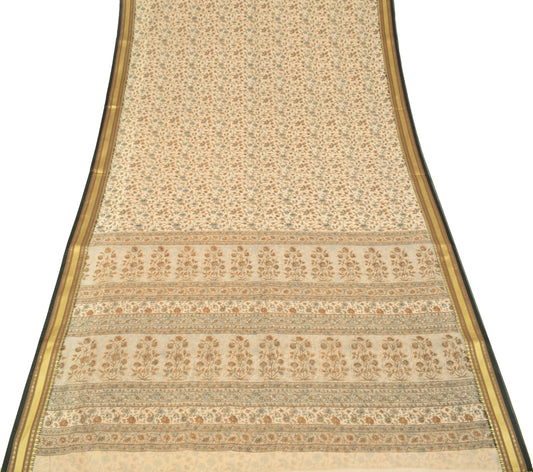 Sushila Vintage Cream Floral Saree Woven Border Art Cotton Printed Craft Fabric