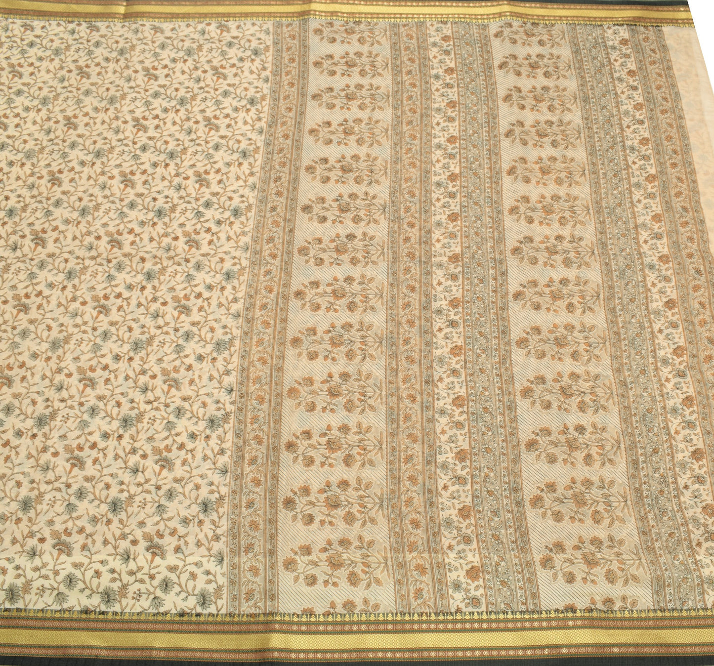 Sushila Vintage Cream Floral Saree Woven Border Art Cotton Printed Craft Fabric