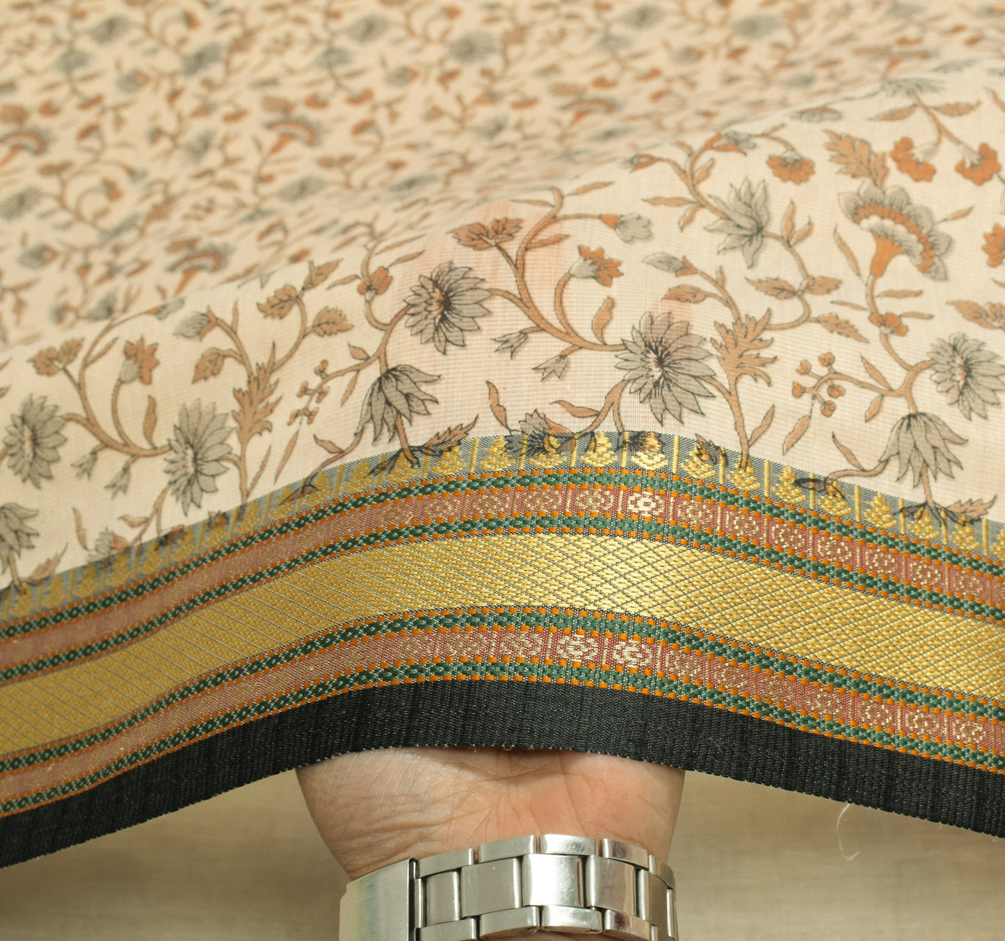 Sushila Vintage Cream Floral Saree Woven Border Art Cotton Printed Craft Fabric