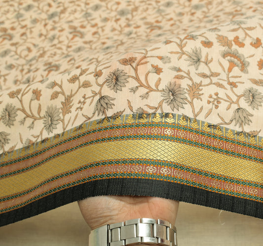 Sushila Vintage Cream Floral Saree Woven Border Art Cotton Printed Craft Fabric