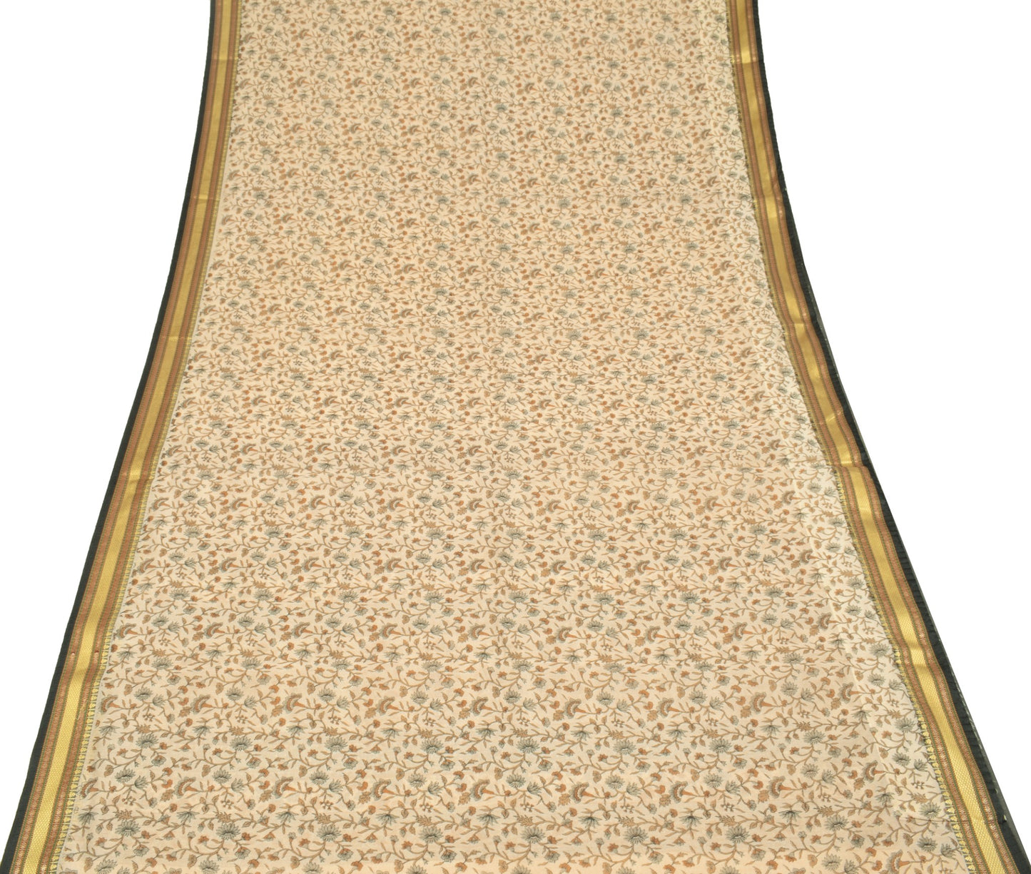 Sushila Vintage Cream Floral Saree Woven Border Art Cotton Printed Craft Fabric