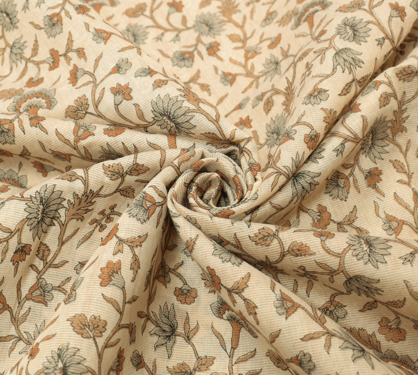 Sushila Vintage Cream Floral Saree Woven Border Art Cotton Printed Craft Fabric