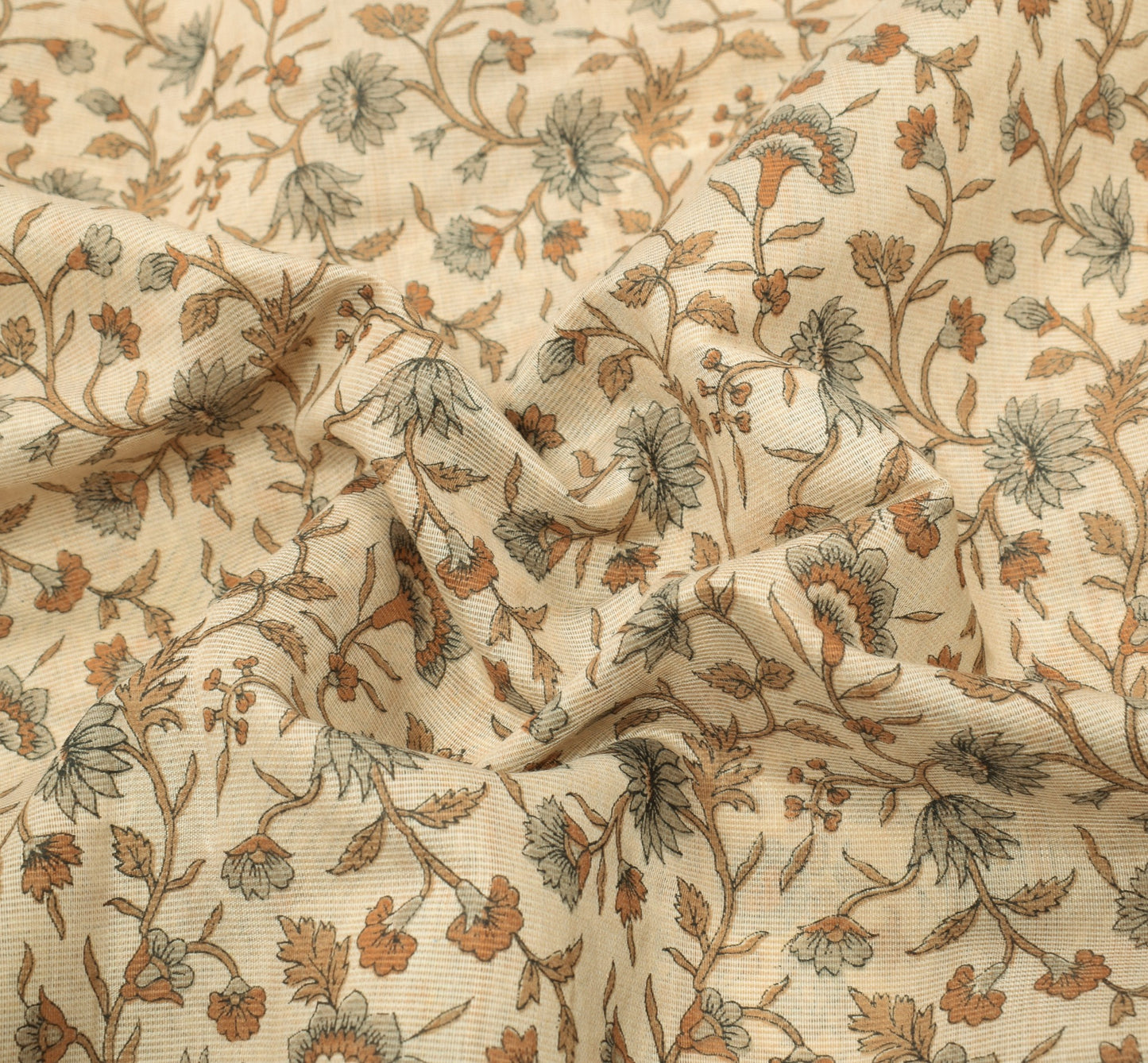 Sushila Vintage Cream Floral Saree Woven Border Art Cotton Printed Craft Fabric