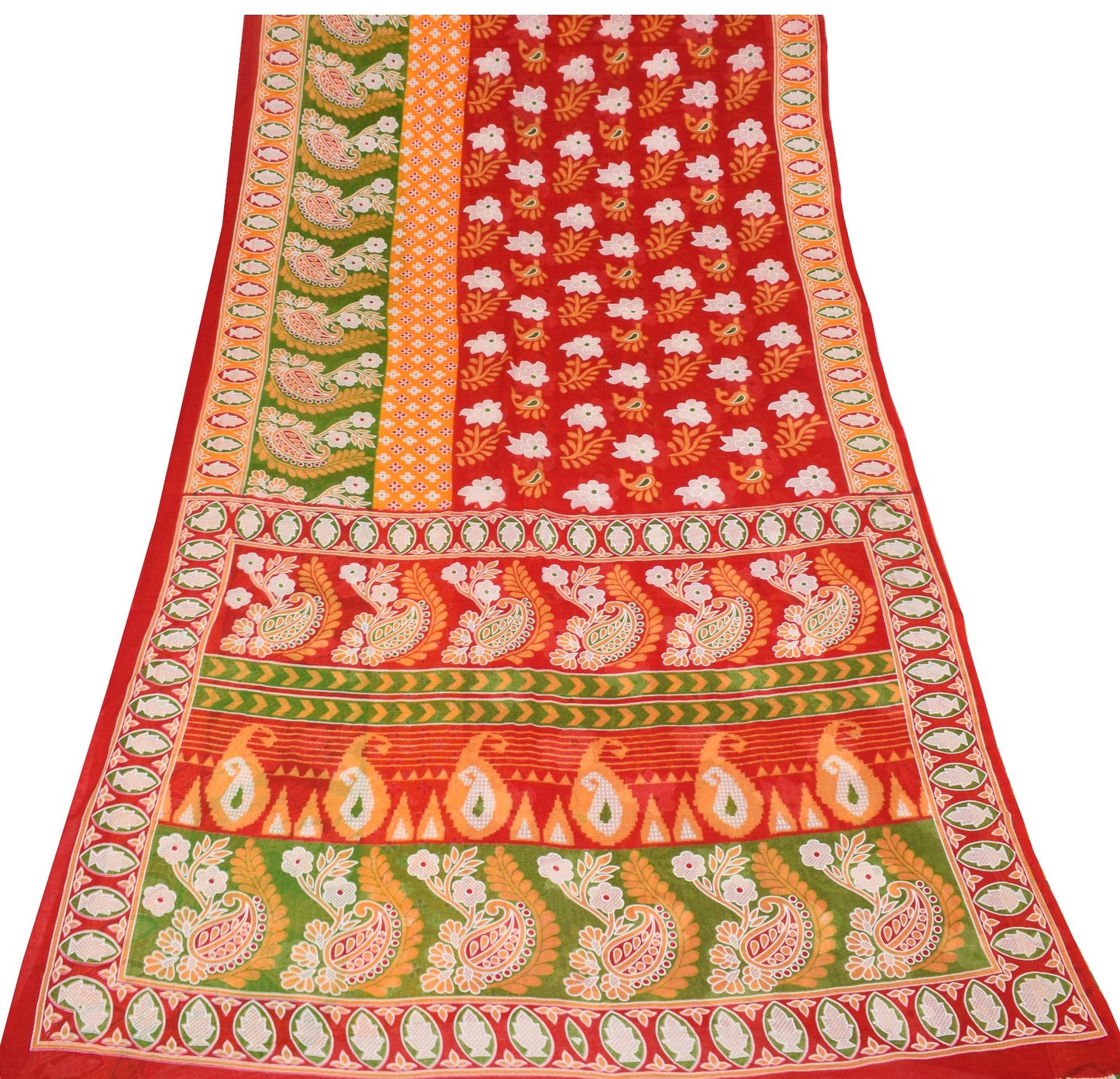 Sushila Vintage Red Floral Saree 100% Pure Cotton Printed Indian Craft Fabric